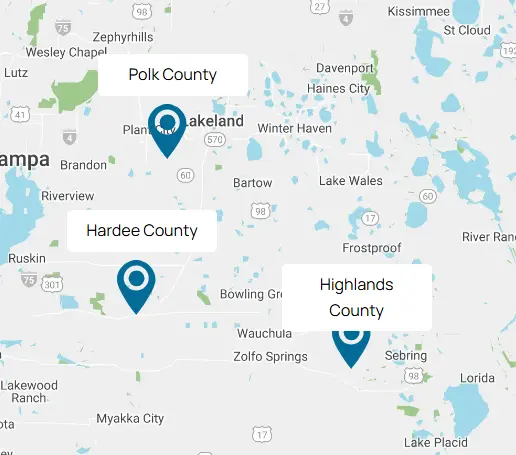 A map view pointing at three counties: Polk County, Highlands County, and Hardee County.
